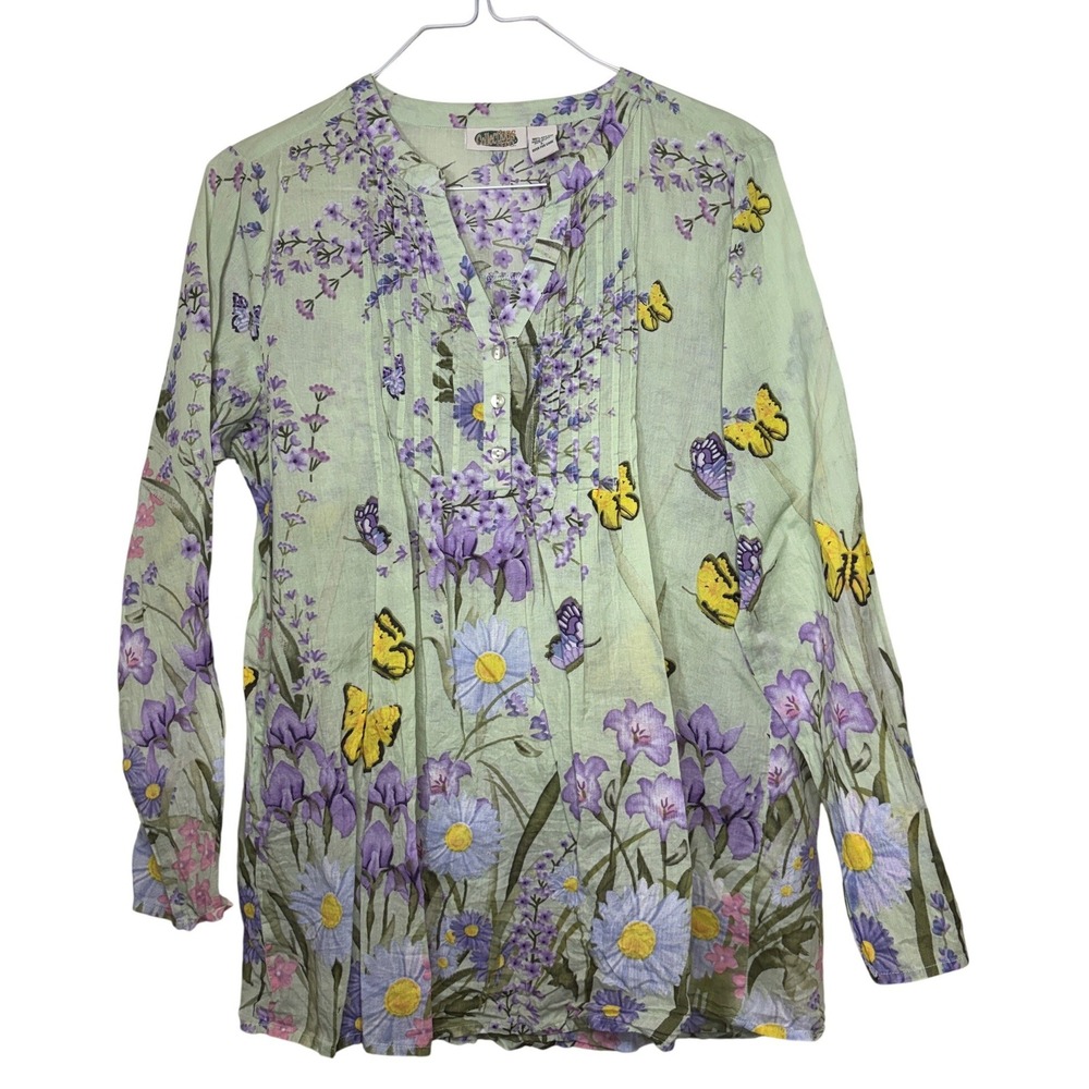 Collections Etc. Floral Butterfly Blouse Large Green Cottagecore Henley Tunic